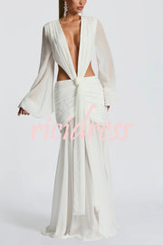 Deep Memories Chiffon Balloon Sleeve Cutout Ruched Drape Maxi Dress