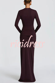 Sexy Cutout Fitted Long-sleeved Pleated Satin Ribbon Maxi Dresses