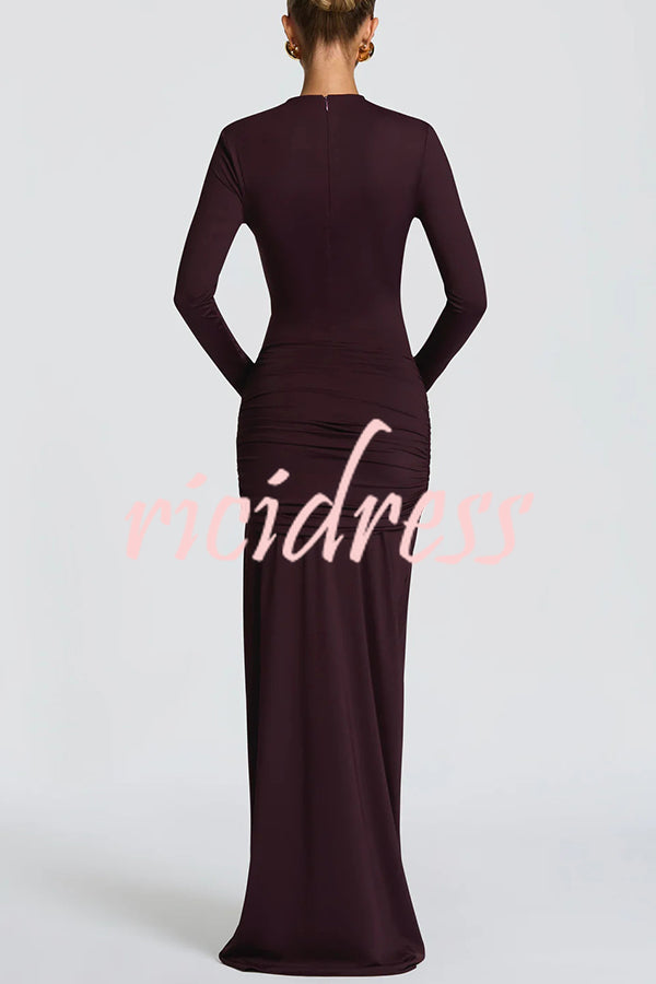 Sexy Cutout Fitted Long-sleeved Pleated Satin Ribbon Maxi Dresses