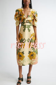 Flower Vine Linen Blend Unique Print Twist Cutout Neck Puff Sleeve Midi Dress