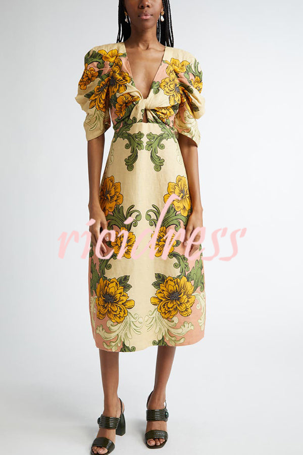 Flower Vine Linen Blend Unique Print Twist Cutout Neck Puff Sleeve Midi Dress