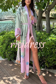 Karty Satin Unique Print Long Sleeve Belt Lapel Kimono Cover-ups