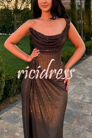 Glitzy Gala Glitter Fabric One Shoulder Ruched Slit Maxi Dress