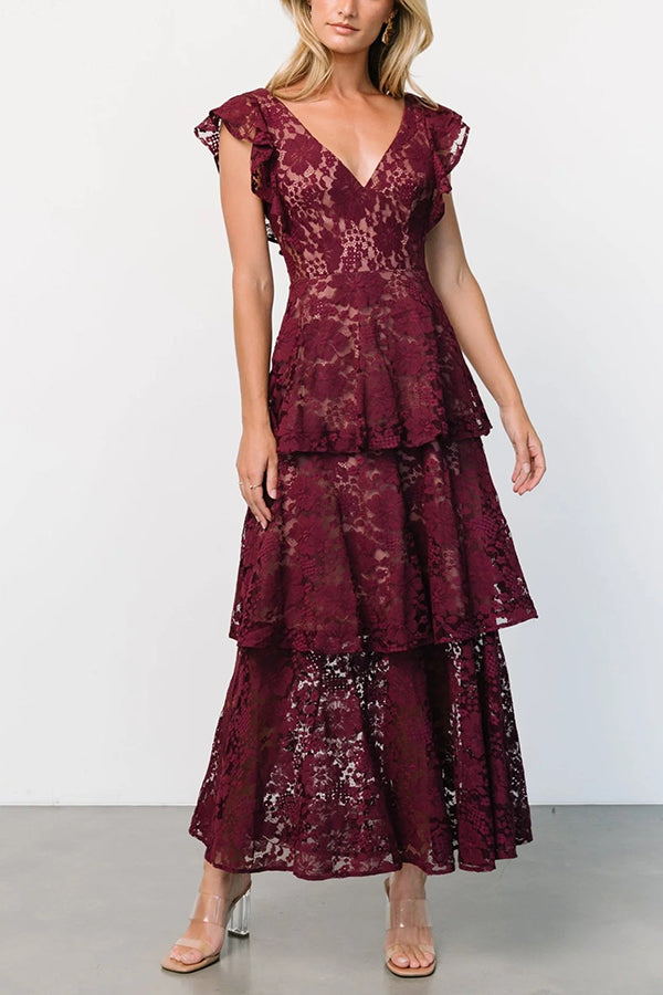 Solid V-neck Ruffled Sleeves Cinched Waist Maxi Dress