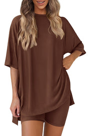 Solid Color Loose Short-sleeved Top and Stretch Casual Shorts Set