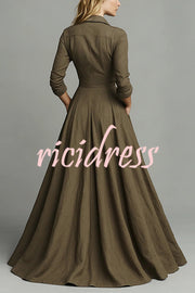 Linen Blend Lapel Pocket Single-breasted Shirt-style Casual Maxi Dress