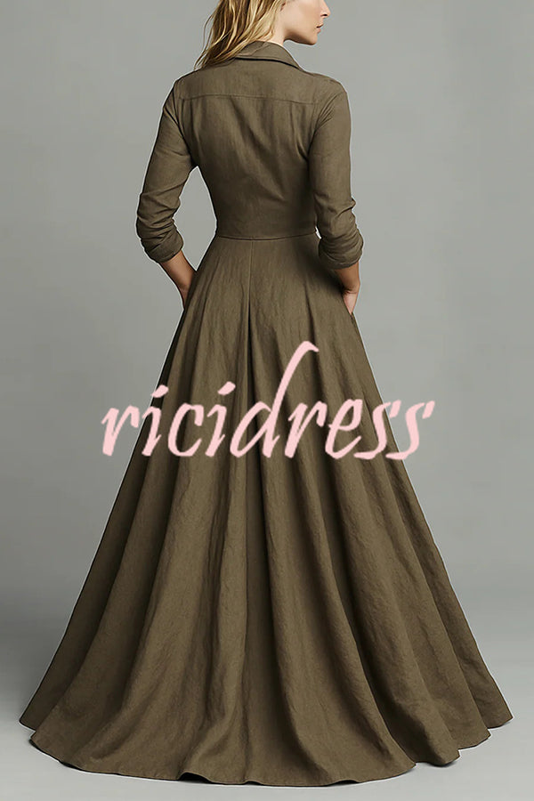 Linen Blend Lapel Pocket Single-breasted Shirt-style Casual Maxi Dress