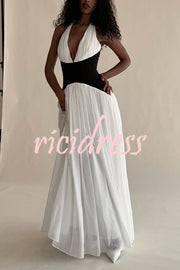 Fashionable Color Matching Sexy Halter Neck Waist Maxi Dress