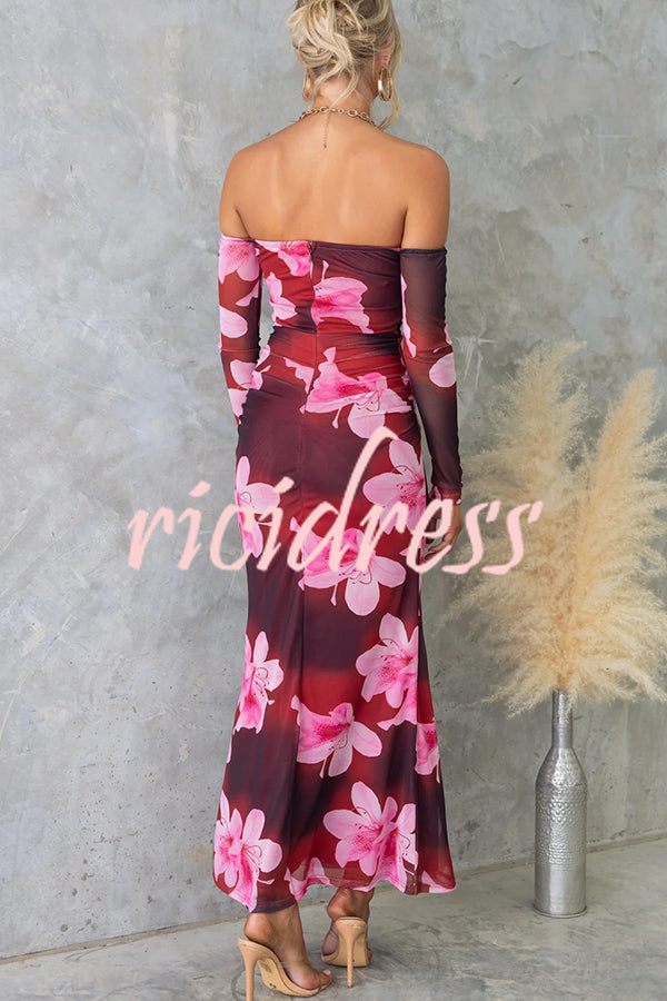 Floral Fantasy Mesh Off Shoulder Long Sleeve Stretch Maxi Dress