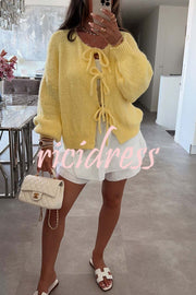 Solid Color Long-sleeved V-neck Lace-up Loose Knitted Sweater