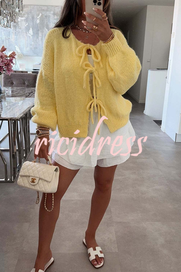Solid Color Long-sleeved V-neck Lace-up Loose Knitted Sweater