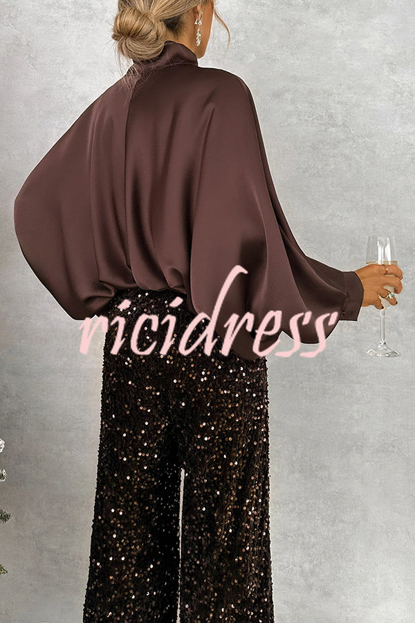 Chic and Merry Satin Bow Neck Batwing Sleeve Loose-fitting Blouse