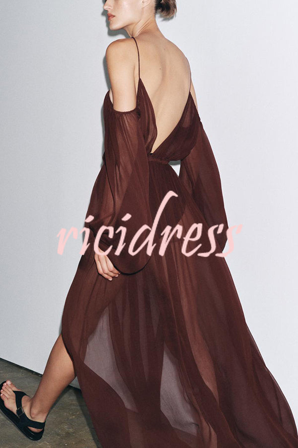 Marsie Semi-sheer Fabric Cutout Off Sholder Elastic Waist Slit Maxi Dress