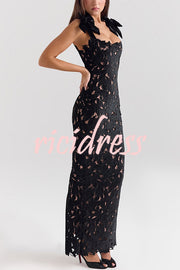 Holiday Intimacy Embroidered Floral Lace Bow Shoulder Straps Slit Maxi Dress