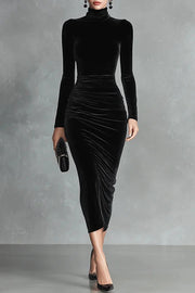 Solid Color Velvet Slim-fit Long-sleeved Elegant Pleated Midi Dress