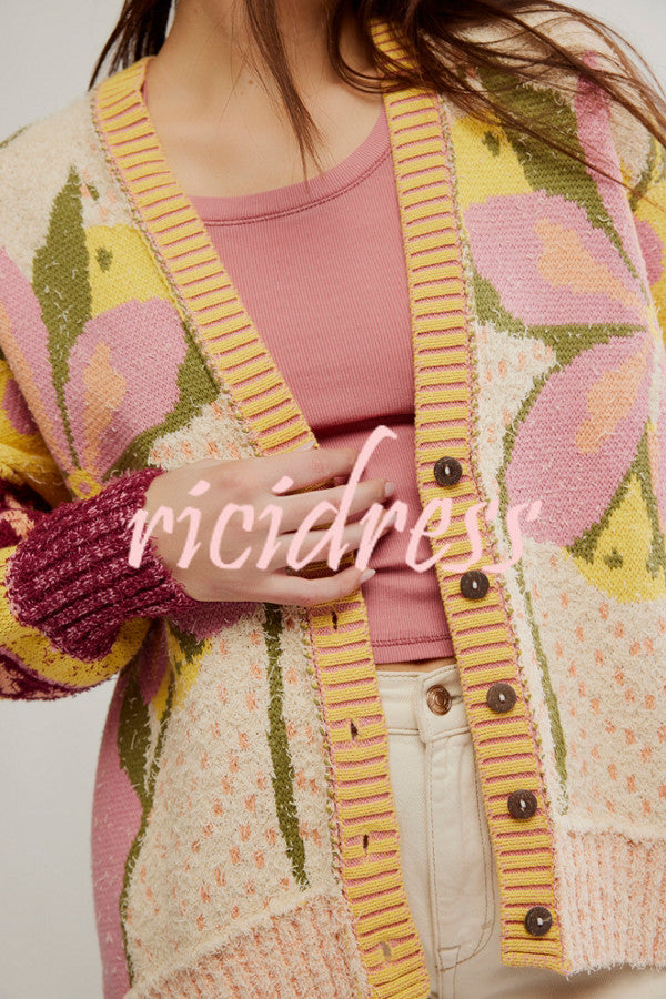 Floral Pattern Loose Long-sleeved Knitted Cardigan