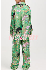 Quiet Jungle Satin Unique Print Long Sleeve Shirt and Elastic Waist Pocket Lounge Pants Set