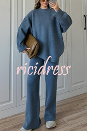 Solid Color Loose Long-sleeved Knit Top and Elastic Waist Casual Straight Leg Pants Set