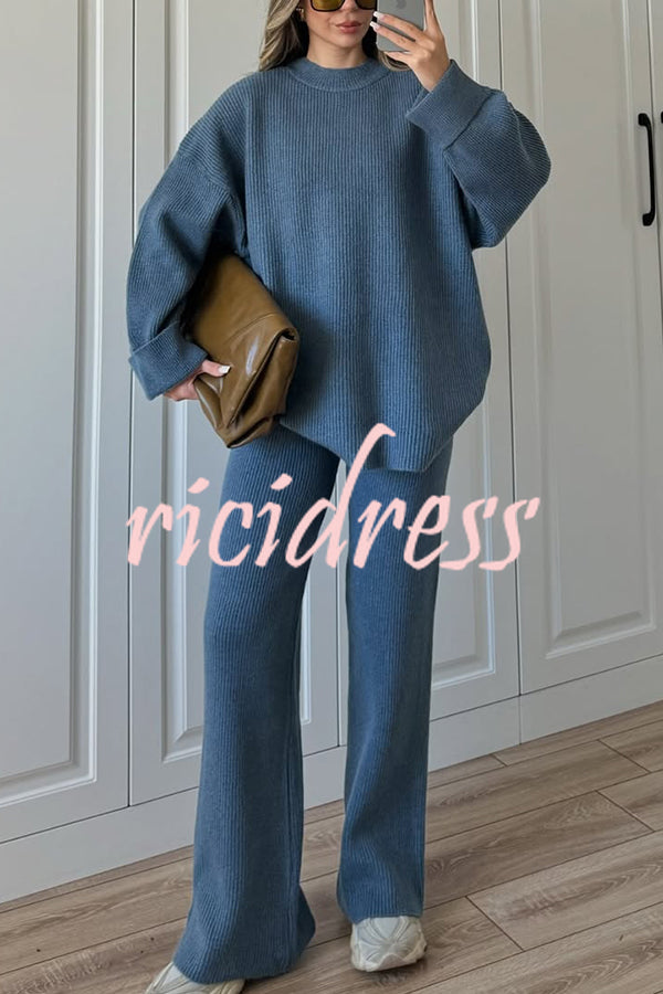Solid Color Loose Long-sleeved Knit Top and Elastic Waist Casual Straight Leg Pants Set