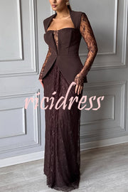 Belle Contrast Sheer Lace Fabric Patchwork Square Neck Long Sleeve Drape Maxi Dress