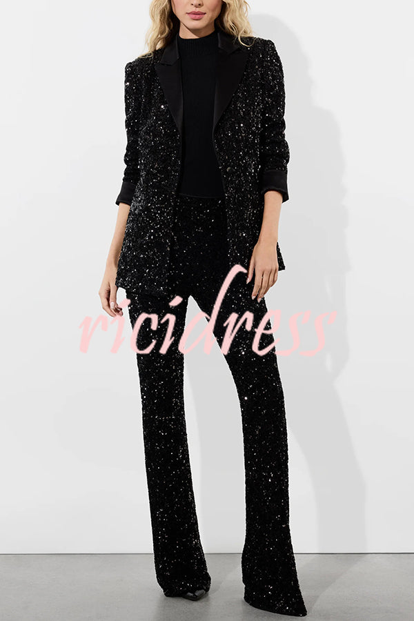 Sparkle Season Sequin High Rise Elastic Waist Stretch Flare Party Pants