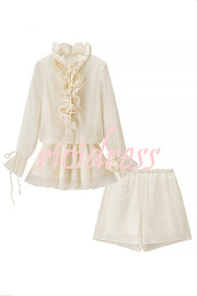 Fashionable Flower-decorated V-neck Loose Top and Elastic Waist Casual Shorts Set