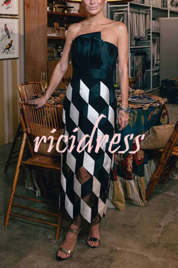 Sexy Tube Top and Backless Rhombus Contrast Midi Dress