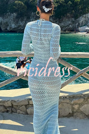Solid Color Knit Hollow Long Sleeve Vacation Cover Up Maxi Dress