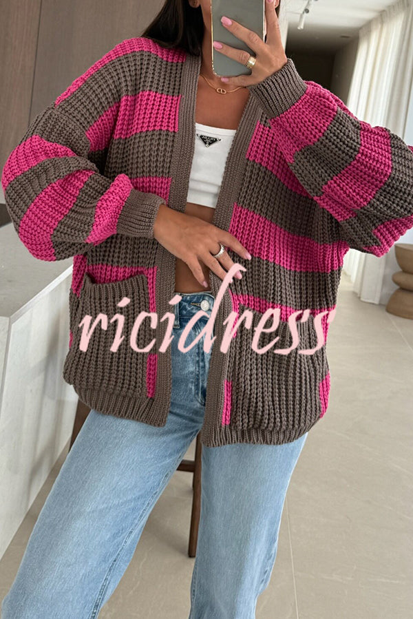 Fashionable Patchwork Striped Casual Pocket Knitted Sweater