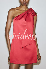 Perfect Holiday Date Oversized Bow Detail One Shoulder H-line Mini Dress