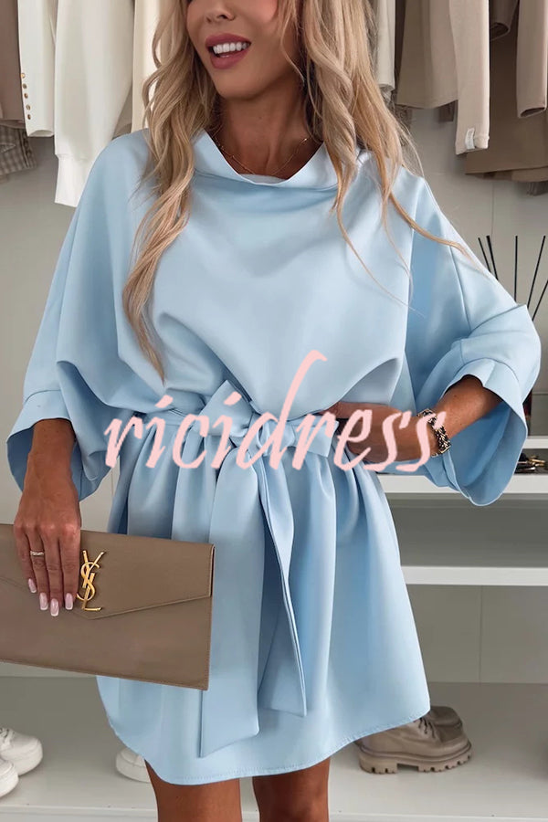 Solid Color Loose Round Neck Belted Mini Dress