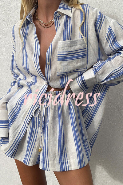 Stripe Print Lapel Long-sleeved Casual Shirt and Elastic Waist Loose Shorts Set