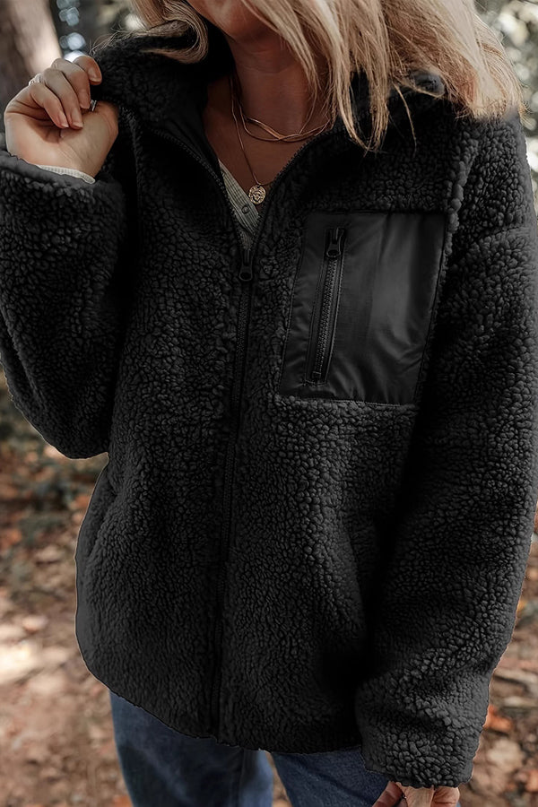 Solid Color Faux Cashmere Zip-up Pocket Casual Jacket