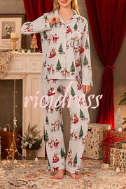 Christmas Holiday Print Long Sleeve Pocket Top and Elastic Waist Loose Pants Set