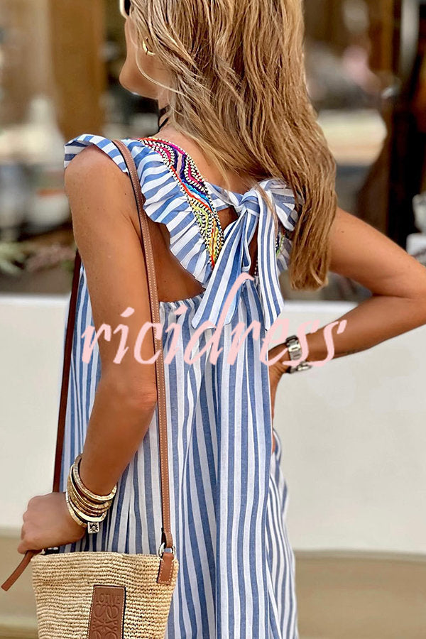 Mily Stripe Printed Patchwork Back Knotted Ruffle Midi Dress