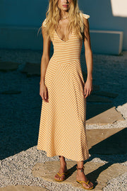 Striped Print V-Neck Lace-Up Backless Holiday Midi Dress