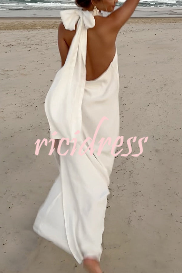 Floral Embellished Satin Halterneck Backless Resort Maxi Dress