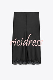 Dolly Satin Lace Trim Mid Rise Slit Drape Midi Skirt