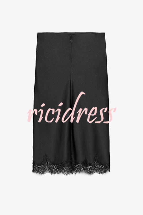 Dolly Satin Lace Trim Mid Rise Slit Drape Midi Skirt