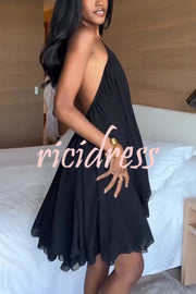 Chiffon Solid Color Halter Backless Irregular Mini Dress