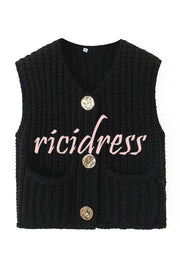 Solid Color Sleeveless Pocket Knitted Vest