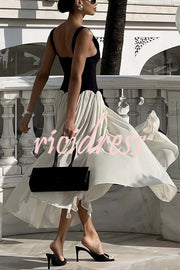 Flowing Elegant V-neck Chiffon Pleated Hem Two-tone Maxi Dress