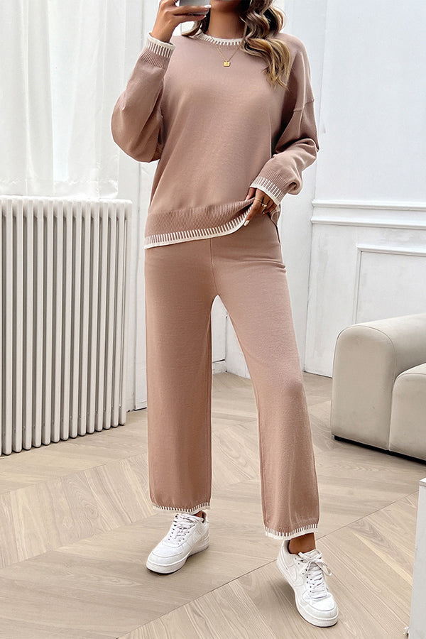 Home Casual Contrasting Color Knitted Sweater and Elastic Waist Loose Pants Set