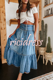 Bohemian High Rise Button Up Loose Denim Pocket Maxi Skirt