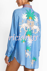 Sunday Breeze Satin Unique Print Button Down Oversized Blouse