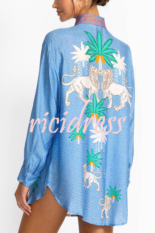 Sunday Breeze Satin Unique Print Button Down Oversized Blouse