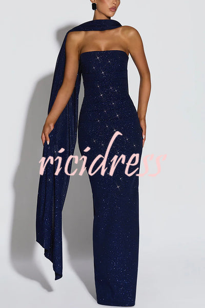 Pandra Glittery Crepe Fabric Off Shoulder Ruched Slit Cape Maxi Dress