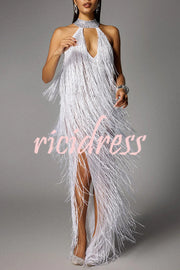 Glimmer Hour Shiny Layered Tassels Halter Cutout Neck Split Maxi Dress