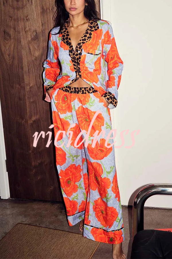 Color-block Poppy Leopard Print Trim Loose Shirt and Elastic Waist Pocketed Pajama Set