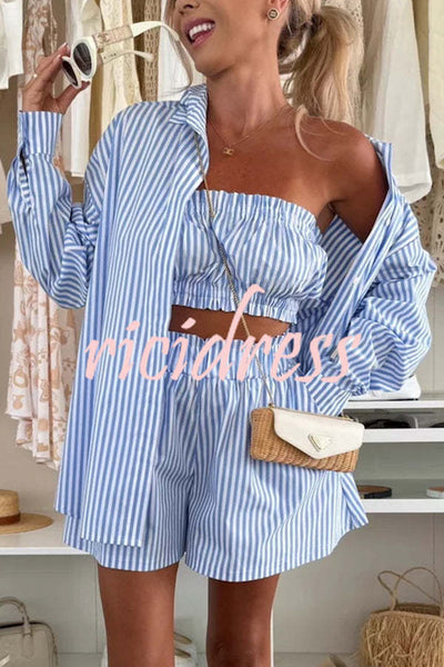 Zoie Striped Stretch Bandeau + Elastic Waist Pocket Shorts + Oversized Blouse 3 Pieces Set